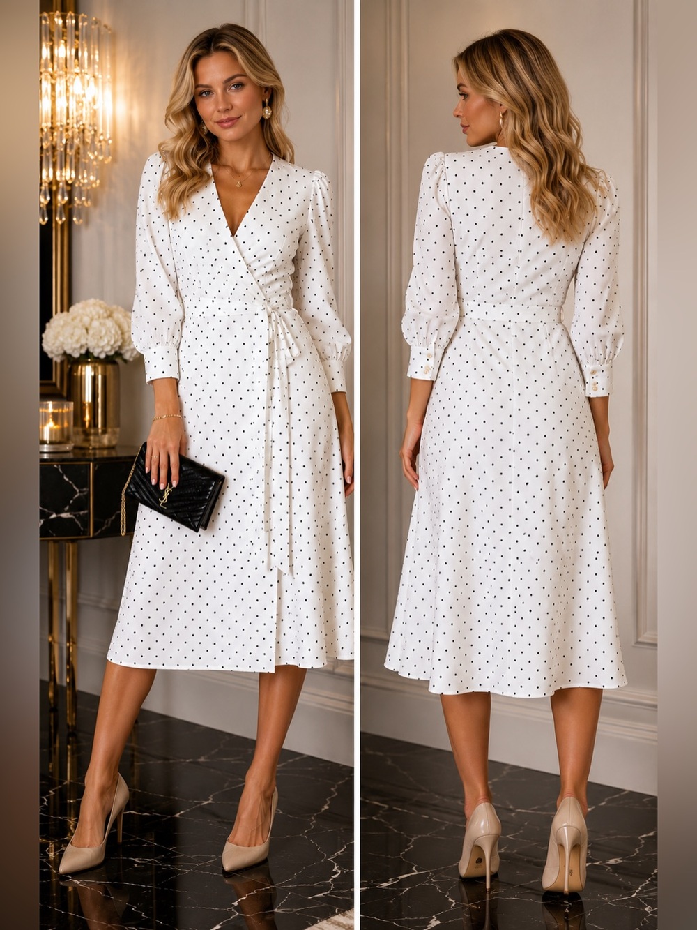 Ann Taylor Polka Dot Wrap Midi Dress White Black Size 2 NWOT
